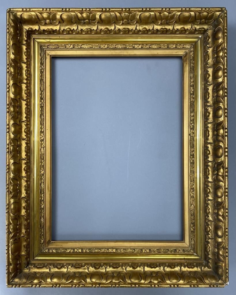 Ornate Dutch Gilt Gesso Wood Frame 23" x 18": Dutch gilded wide wood frame with applied gesso ornamentation, overall size 23" x 18", sight size 17" x 12-1/8", rabbet size 17-3/4" x 13".