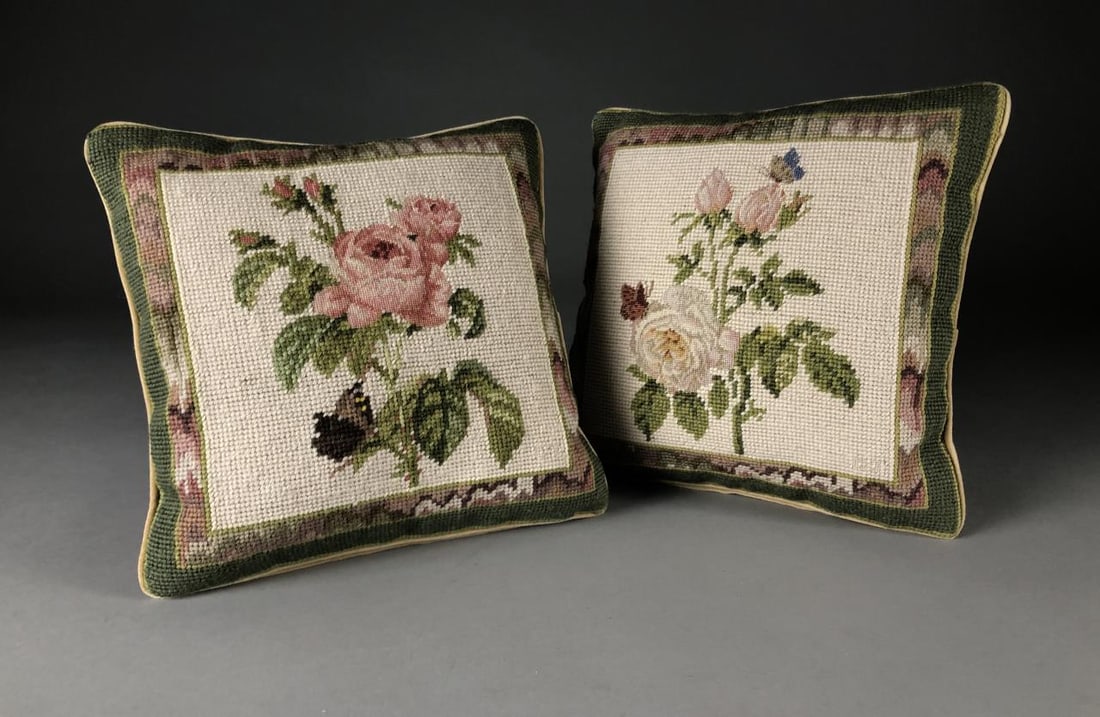 Pair of Roses & Butterflies Needlepoint Pillows (1 of 7)
