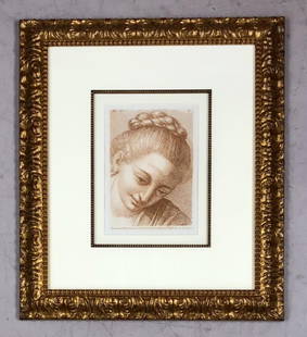 Etching of Portrait of a Woman After Raphael: Contemporary copy of Paolo Fidanza's (Italian, 1731 - 1785) 18th Century etching of "Portrait of a Woman," after Raphael (Italian, 1483 - 1520). This copy, which is on fine laid paper, most probably d