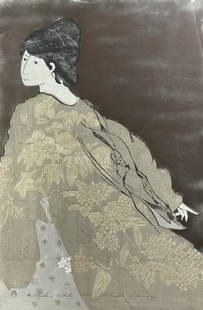 Stephen White Woodblock Print 1978: Stephen White (American 1939 - ) woodblock print, "Gabrielle Dancing," signed lower left, dated "1978," and numbered "77/200." In a metal frame (41-7/8" L x 30-1/8" W), with double sided glass, and a