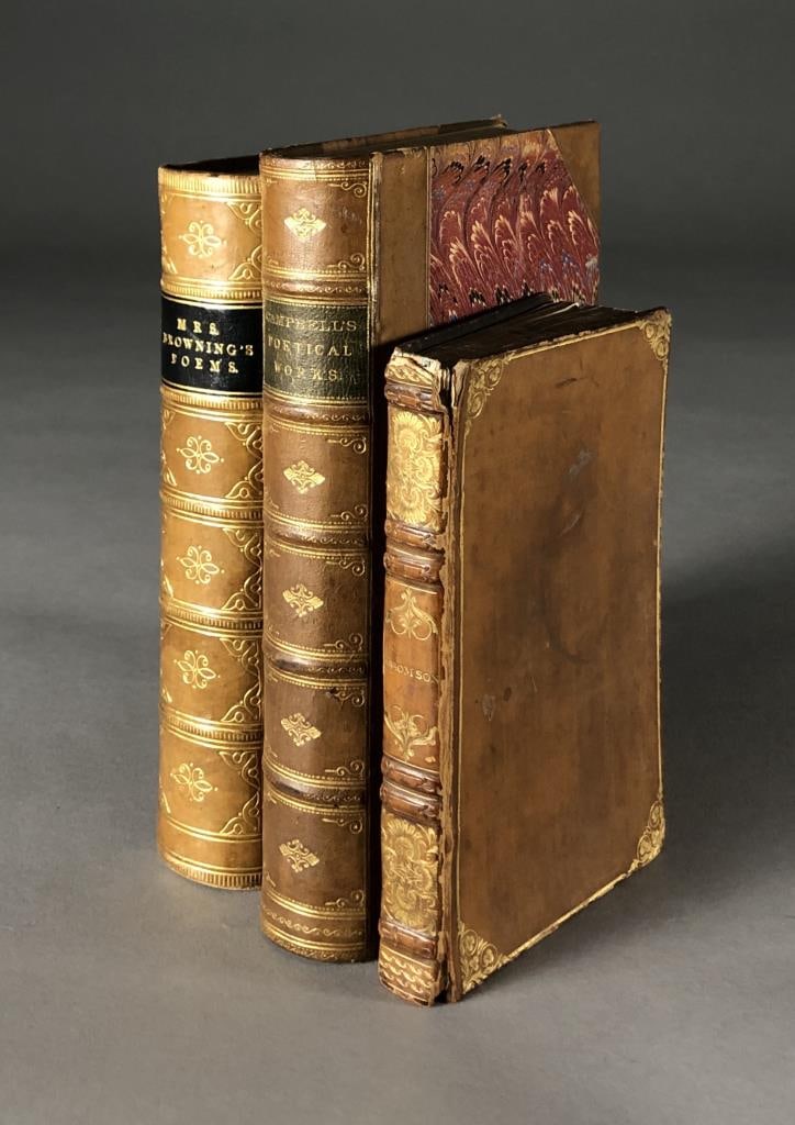 3 Antique Leather Bound Poetry Books 19th C.: Three 19th Century leather bound poetry books: "The Poetical Works of Elizabeth Barrett Browning," illustrations by Sol. Eytinge Jr., W. J. Hennessy, W. Thea it's, and C. G. Bush, James Miller, Publis