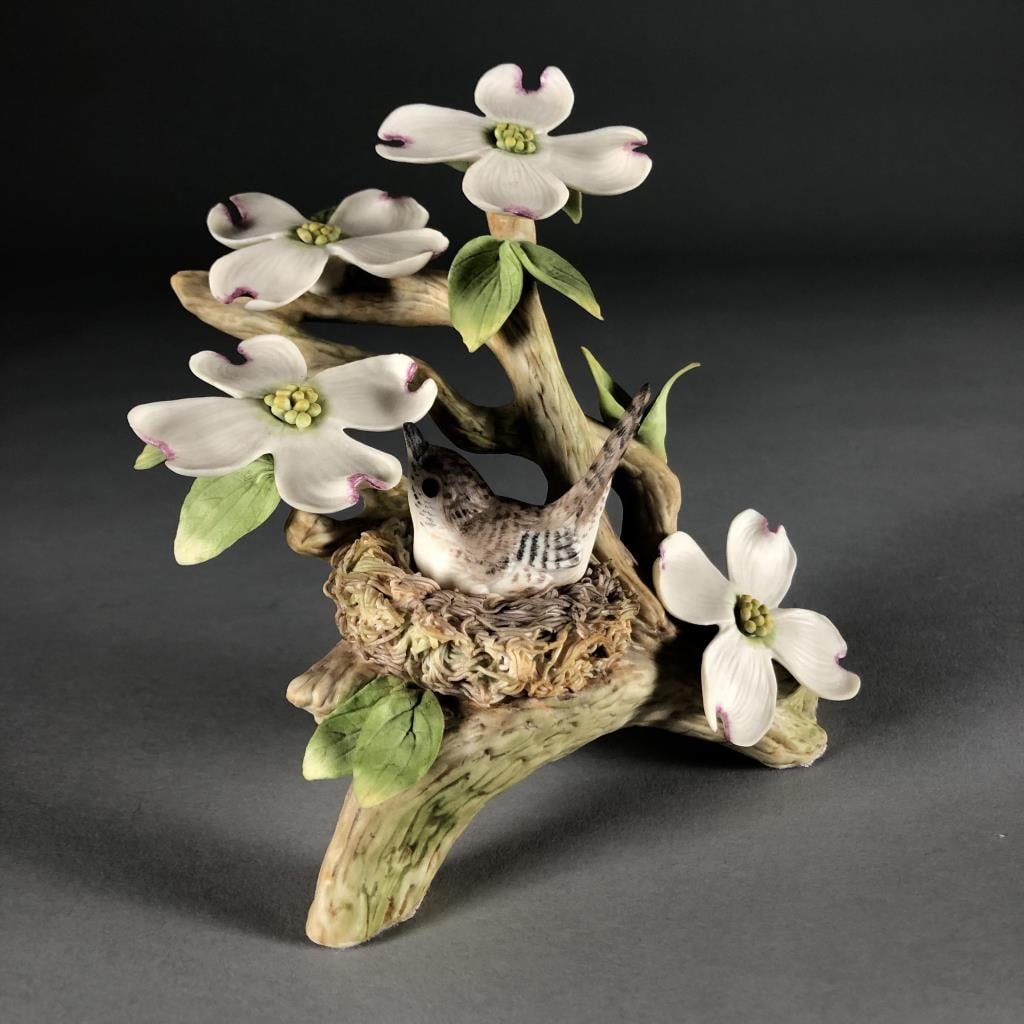 Cybis Studios Porcelain Wood Wren with Dogwood: Hand painted bisque porcelain figurine from Cybis Studios (USA), "The Wood Wren with Dogwood", introduced in 1963 and discontinued in 1981, marked on back sides "Cybis", approximately 7-3/8" in height