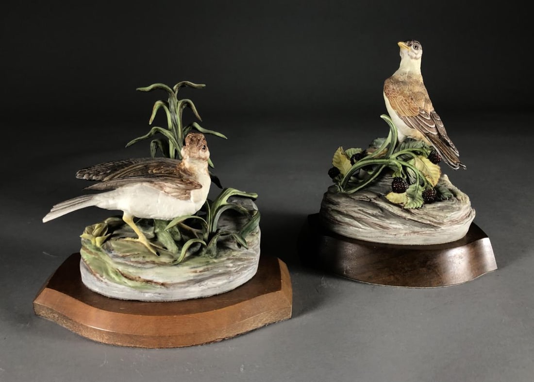 Pair of Cybis Studios Porcelain Skylark Figures: Pair of hand painted bisque porcelain figurines from Cybis Studios (USA), "Skylarks", introduced in 1958 and discontinued in 1970, in a limited edition of 350, both pieces signed on back sides "Cybis"