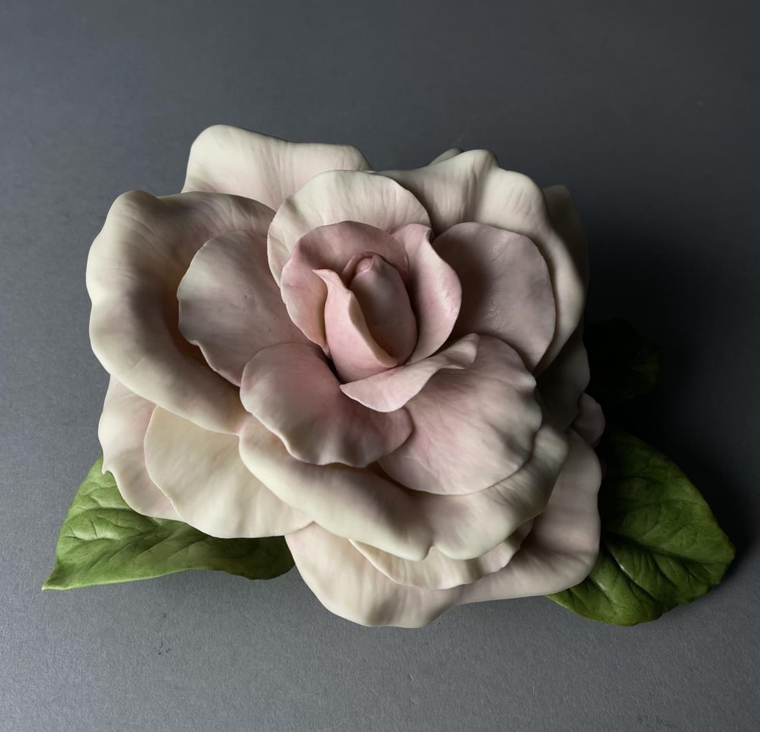 Cybis Studios Porcelain Bisque Pink Parfait Rose: Hand painted porcelain bisque art sculpture of a large pink rose, named "Pink Parfait Rose", 8" x 5" x 3-1/2", design number 534P, introduced in 1980 and retired in 1981.