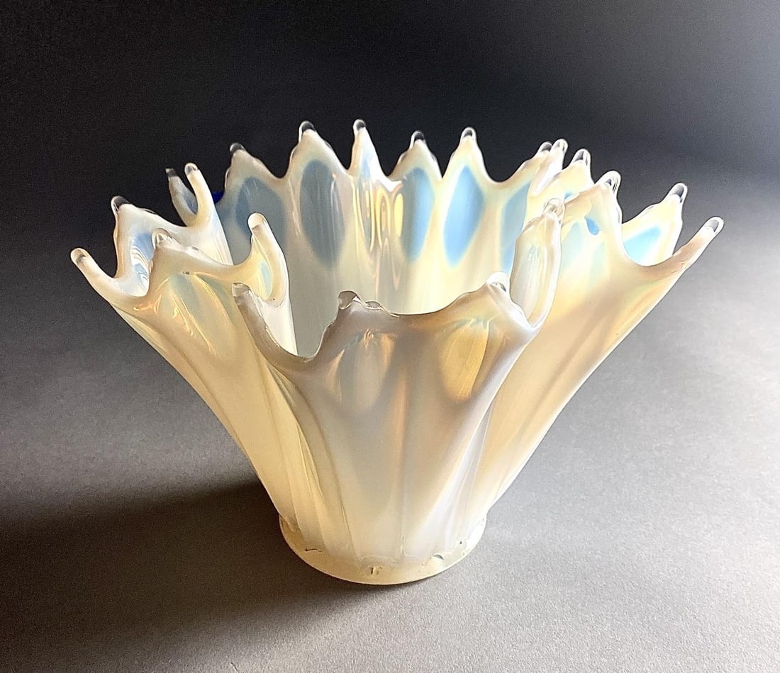 Fostoria Heirloom Opalescent Handkerchief Bowl: Fostoria Heirloom white opalescent handkerchief bowl or vase, approximately 9" D x 7-1/2" H, SHIPPING: I
