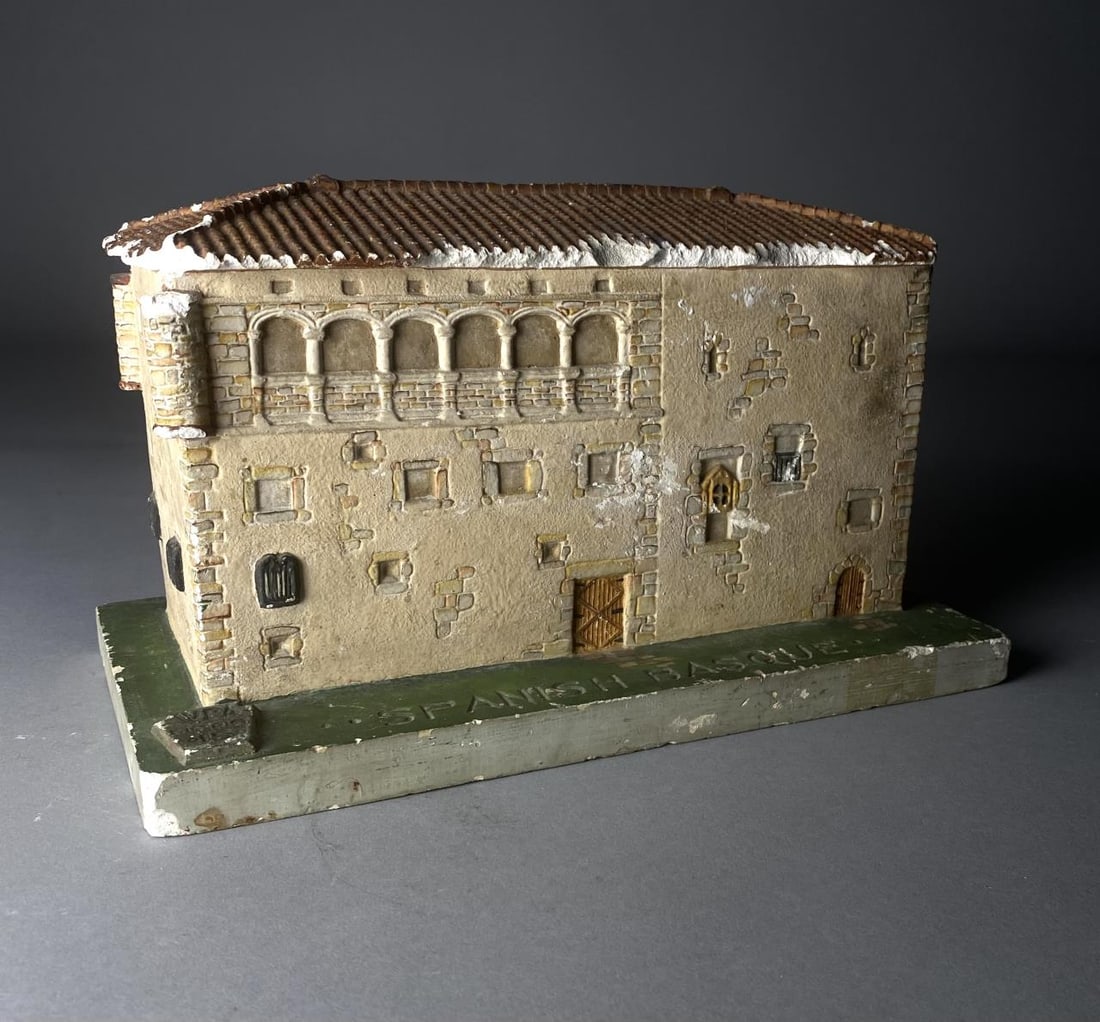 WPA Plaster model of Spanish Basque: WPA chalkware or plaster model of Spanish Basque Casa Torre (tower house) from early 1930s, marked Spanish Basque, and WPA District 15, 11-5/8" W x 6-1/4" D x 7? H. Shows age and material in paint and