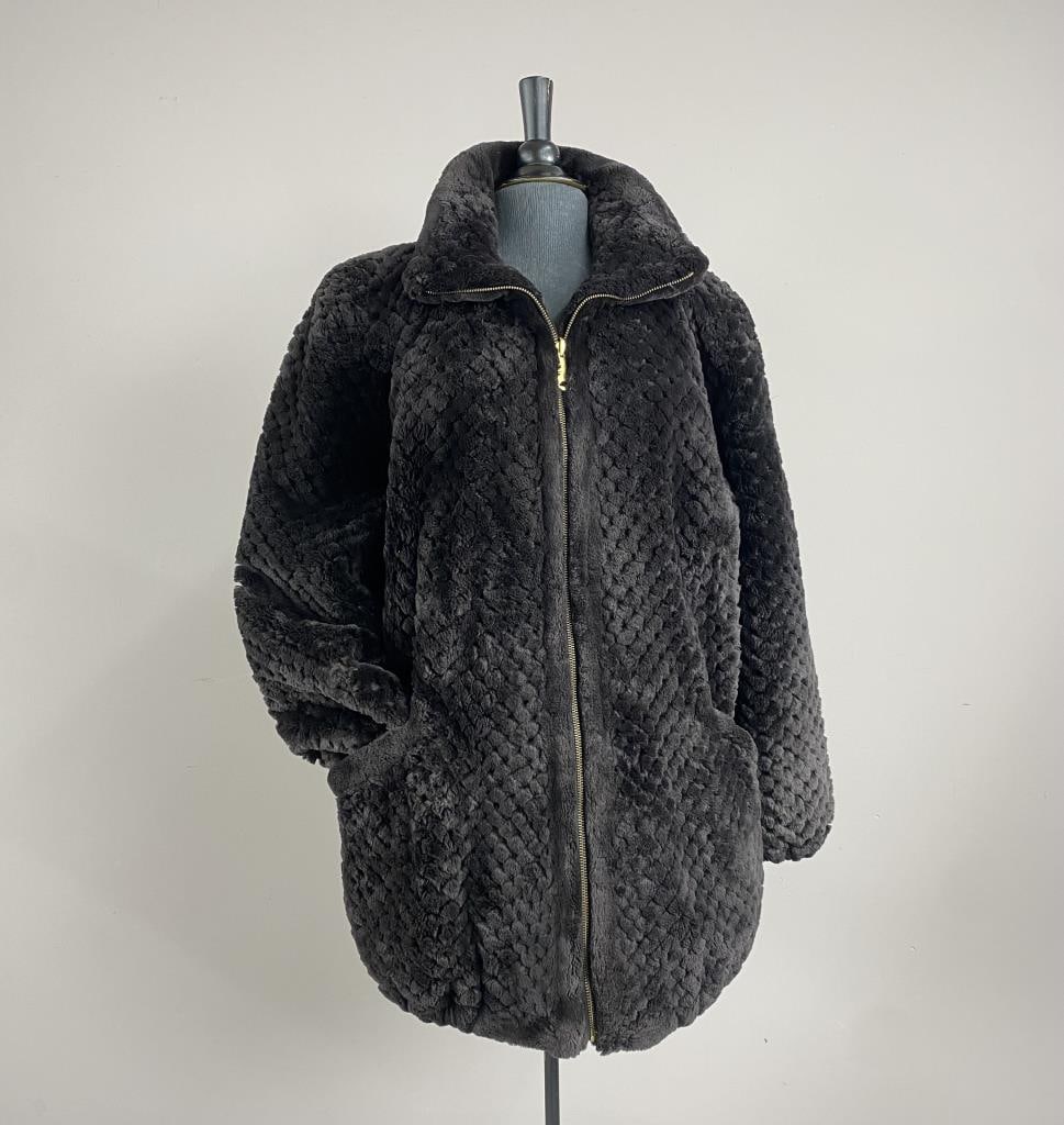Black Checkerboard Pattern Seal Fur Jacket: Seal fur coat, all black in a checkerbord pattern, reversible with a plain black inner side, custom made with no maker's label, fits like womens' 12.
