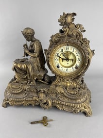 Ansonia Bronzed Metal Figural Mantel Clock w/ Key