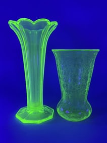 Vintage Vaseline Glass Vases Art Deco & Crackle