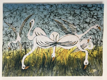 Abstract Crane Painting Signed Aqaba 1980