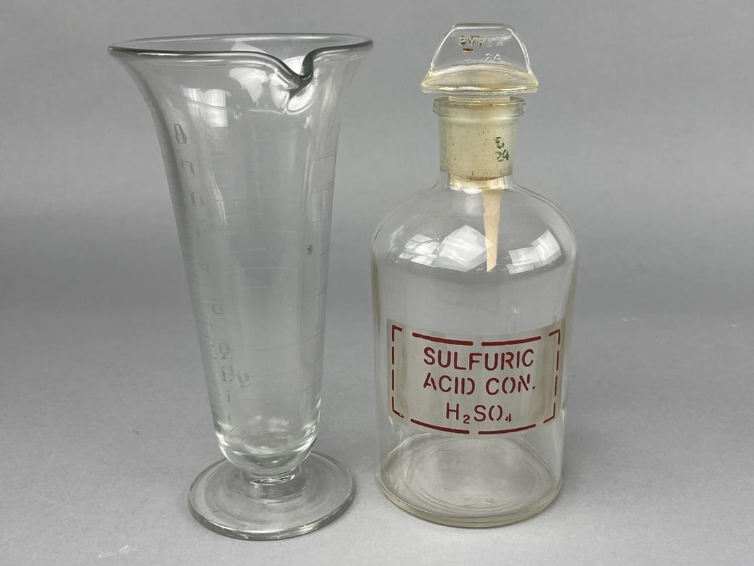 Pyrex Pharmacy Bottle Sulfuric Acid & Beaker: Both measure about 8" tall.