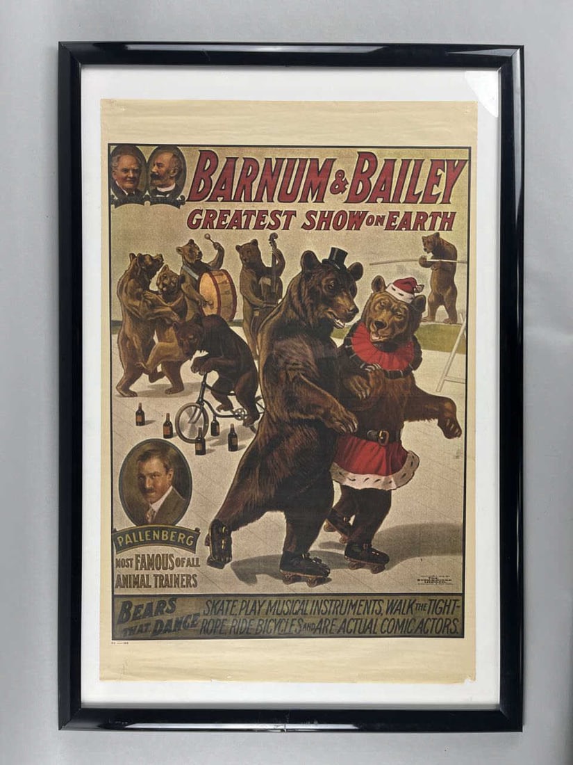 Barnum & Bailey Greatest Show Dancing Bears 1916: Poster measures 23.5" x 36.5". Pictures taken under plastic, black frame not included.