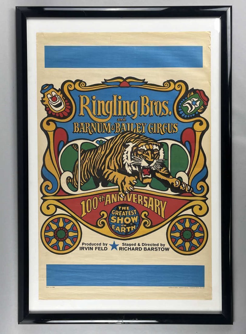 The Greatest Show On Earth 100th Anniversary 1970: Poster measures 23.5" x 36.5". Pictures taken under plastic, black frame not included.