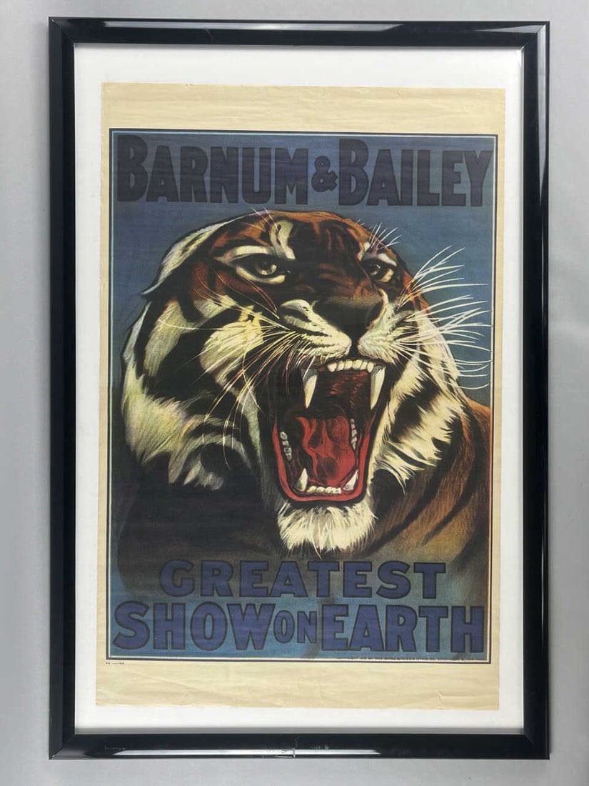 Barnum & Bailey Greatest Show On Earth Tiger 1916: Poster measures 23.5" x 36.5". Pictures taken under plastic, black frame not included.
