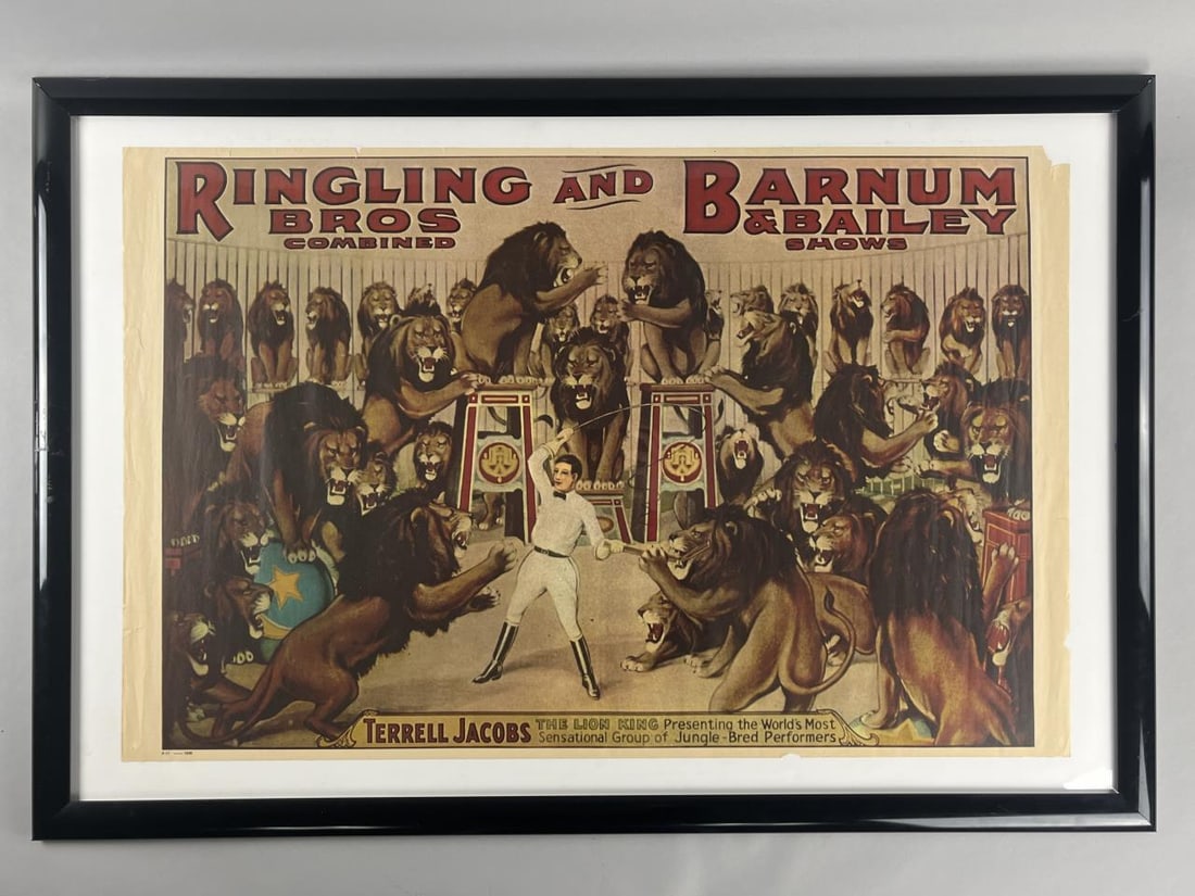 Terrell Jacobs The Lion King Ringling Bros 1938: Poster measures 36.5" x 23.5". Pictures taken under plastic, black frame not included.