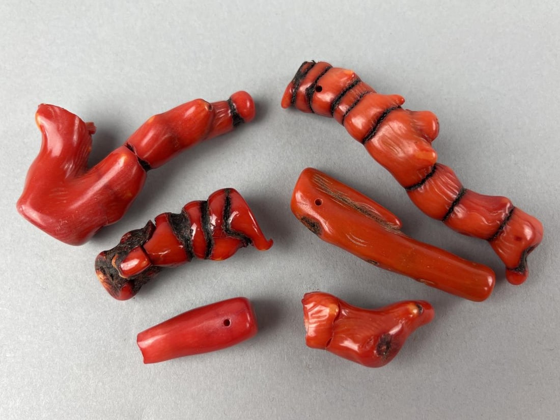 6pcs Rough Red Coral Bamboo Beads: Largest bead measures 3" long.