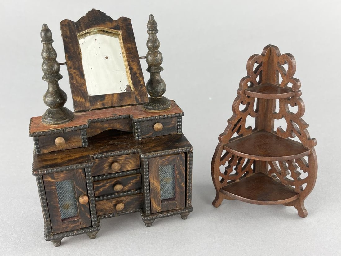 German Dresser & Walnut Corner Curio: Perfect dollhouse dresser. 4 x 1 3/4 x 6" tall. One pull missing. Original fabric in the doors. Japanned top. Top drawers do not open, others do. 4 1/2" tall corner curio. Hand cut.