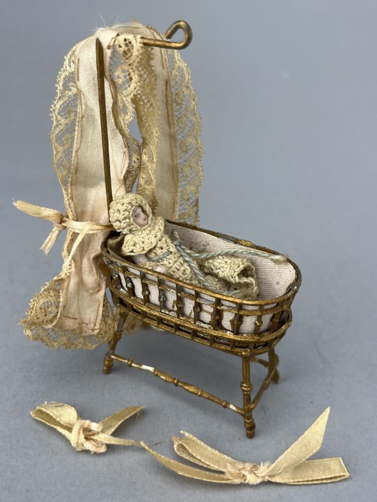 Biedermeier Metal Bassinette W/ Baby, Ca, 1900 (1 of 3)