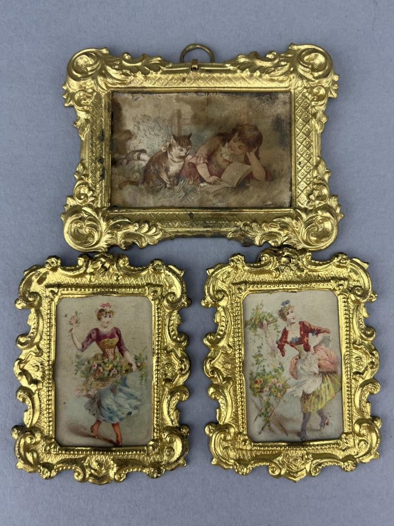 Set Of 3 Erhard & Sohne Prints In Ormolu Frames: Later E & S frames with original pictures, could be 1870. 1 1/4 x 2 1/4" and 3 x 2 1/4".