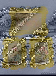 Set Of 3 Erhard & Sohne Prints In Ormolu Frames: Later E & S frames with original pictures, could be 1870. 1 1/4 x 2 1/4" and 3 x 2 1/4". 