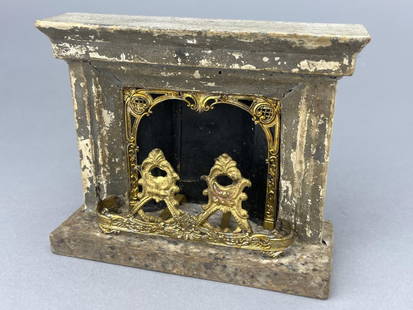 18Th Century Fireplace, French: Made of wood with gilt ormolu trim. Brass fender and andirons. Hearth is japanned. 5 x 1 1/2 x 4" tall. 