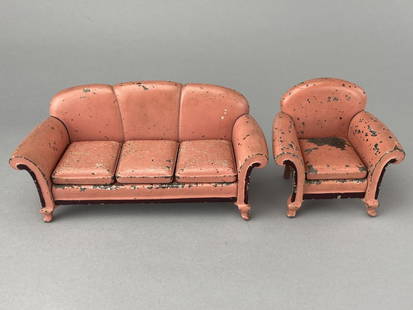 Arcade Pink Living Room Set, 1920-46: Sofa and easy chair, #733 and 731 both from Karpen Furniture Company, Chicago. Cushions are separate pieces. Chair is 4 x 3 x 3 3/4" tall. Sofa is 8 x 2 3/4 x 3 3/4" tall. In better than