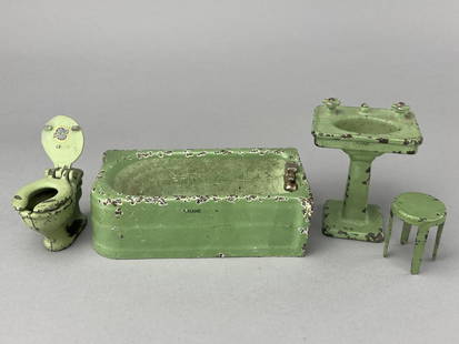 4 Pc. Arcade Toy Co. Green Bathroom: Cast iron, named "Crane". Pretty good condition. Sink handles swivel. Bath tub is 5 3/4 x 3", sink is 3 3/16" tall. Stool is a hard to find piece. 