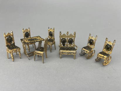Soft Metal Parlor Set In Gilt And Black: 1/2" scale. Circa 1890. 