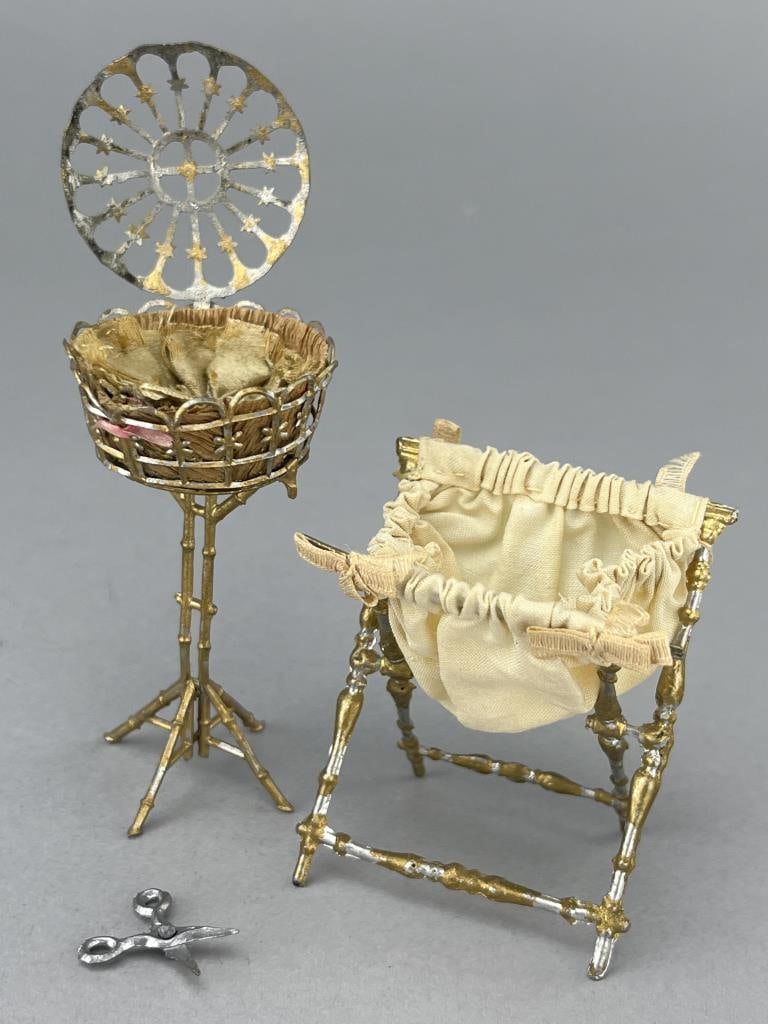 Biedermeier Soft Metal Sewing Baskets, 2: Ca. 1870-1900. Soft metal. Original fabric. Small 2 1/2" tall. Tall 3". Stylized bamboo.