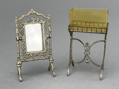 German Aquarium, Cheval Mirror, Soft Metal: Could be Peter Pia. German Aquarium, 1910. Plastic tank. 1 1/2 x 1 x 3' tall. Mirror is swivel and sits on dresser. 1/ 1/2 x 3". 