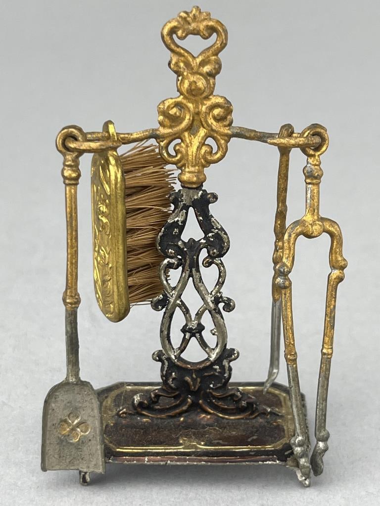 1880'S Fireplace Andirons: Erhard & Sohne? 1 x 1 1/2 x 3" tall. Includes brush, tongs, shovel and poker. Gold and black soft metal.