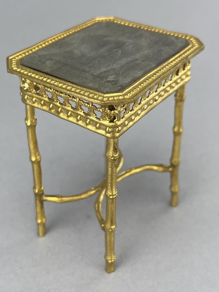 Erhard & Sohn Faux Slate Ormolu Table: 2 1/4 x 1 1/4 x 2 7/8" tall. CA 1890. Simulated bamboo finish.