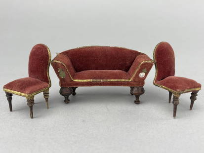 German Biedermeier Parlor Set, 1/2": Ca. 1880 velvet. One leg missing. 3 1/2 x 1 x 2" tall Paper trim. 