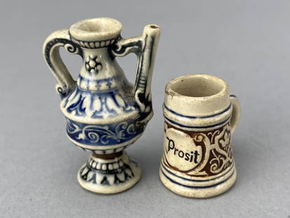 2 Pc. Of Westerwald Stoneware Miniatures: Tankard, 1". Pitcher, 1 1/2" 