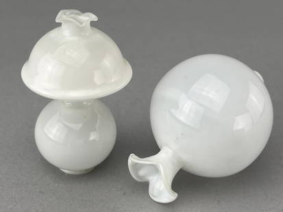 3 Blown Glass Lamp Globes, 1880: Bristol Glass globes from the 19th century. Medium size with a clear chimney attached. 1 1/8" diameter, 1 3/4" tall. Extra large globe with fluted top. 1 3/4" diameter, 2 1/4" tall. Medium