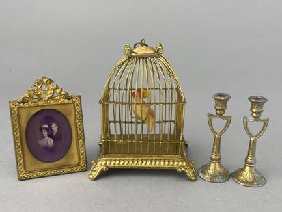 Large Birdcage, Frame And Candlesticks: Erhard & Sohne, 3" excellent. Standing frame with 1910 photo, candlesticks unknown. 