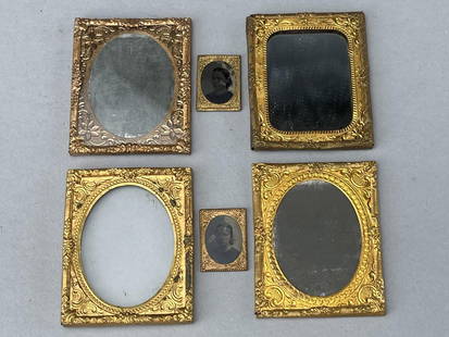 Daguerrotype Frames: Perfect for dollhouse frames. 4 large frames with glass, 2 1/2 x 2". 2 tiny frames with tintypes, 1 x 3/4". All brass. Fine condition. Ca/ 1880. 