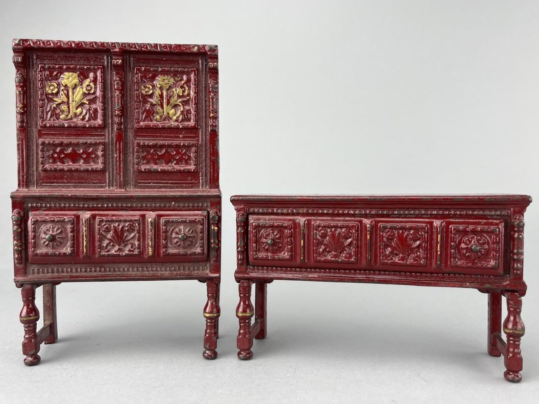 Arcade China Cabinet & Buffet, 1920-46: China cabinet is 4 x 2 x 6 1/2" tall, only drawer opens. Buffet is 5 1/2 x 1 3/4 x 3 1/3" tall. Excellent condition. Great burgundy color.