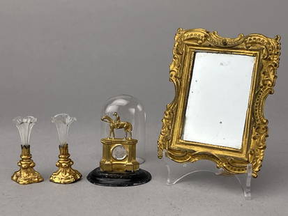 Erhard & Sohne Fluted Vases, Mirror And Clock: Glass flutes, 1 3/8". Clock under glass w/ jockey. Mirror, 1 1/2 x 2". All 1790 - 1860. Plastic stand used in photos not included. 