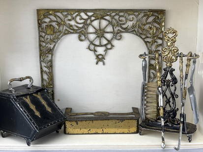 Small Fireplace Accessories 18Th C.: Soft Metal Surround, 3 7/8 x 3 5/8" tall. Fender 2 1/8". Fireplace tools including tongs, shovel and pick. Hard to find brush and dust pan. Exceptional coal scuttle, 2 x 1 x 1 1/4" tall. 