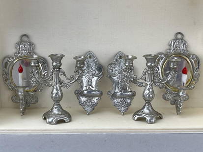 6 German Silver Colored Candle Stands: 2 Candleabra, and 2 sets of girandoles. 1 3/4" and 2". Wood stand used for photos not included. 