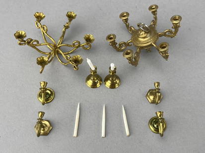 Clare Bell Brass And German Chandeliers: 2 pair of Clare Bell Brass marked wall candle stands. 1 pair CCB candlesticks. 2 chandeliers, non electric. 1 marked Germany. 