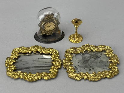 Pr. Erhard & Sohne Mirrors & Candlestick, Clock: Mirrors w/ original glass, 3 3/8 x 2 3/4". Clock is early, old glass dome, 2" tall. Maker unknown. Awesome candlestick is 1 1/2". 