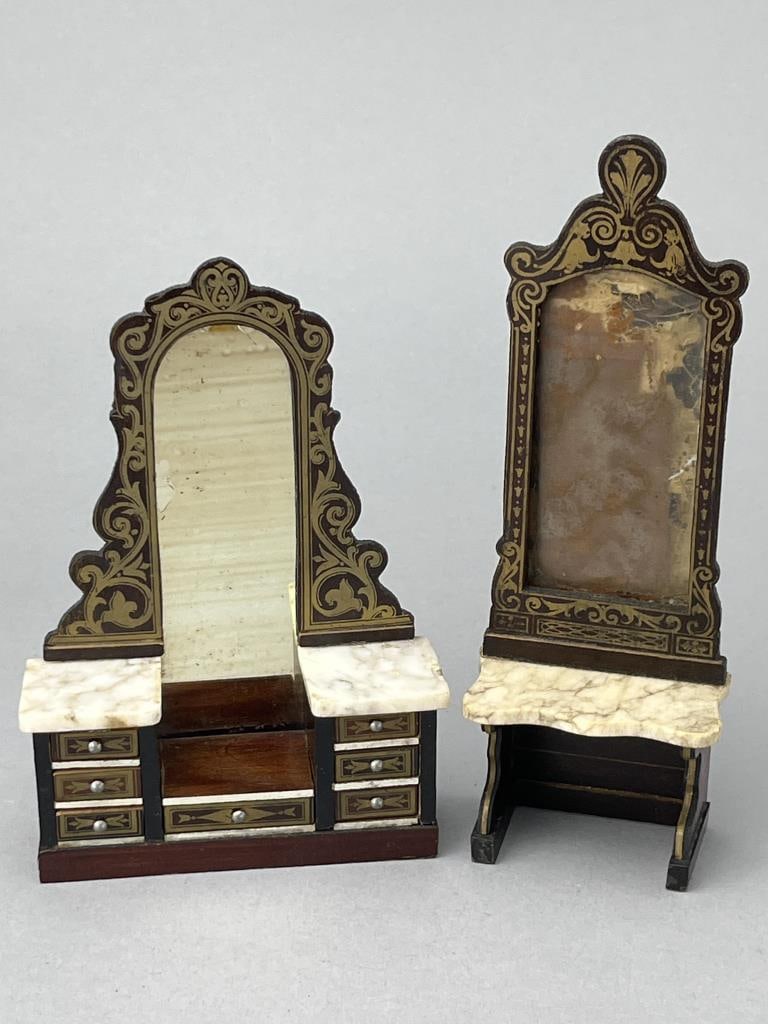 Beidermeier Marble Top Dresser & Mirror: Pier mirror, 7 1/2 x 2 1/4". Dresser with pier mirror and 5 drawers. 6 1/2 x 4 1/4" Both with original mirrors.