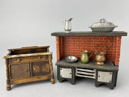 19Th C. German Stove And Buffet: Biedermeier is thought. Quite a wonderful stove with accessories. Buffet is early with marble to and 2 missing legs. Drawer pulls are telling. As is condition but unusual piece. 