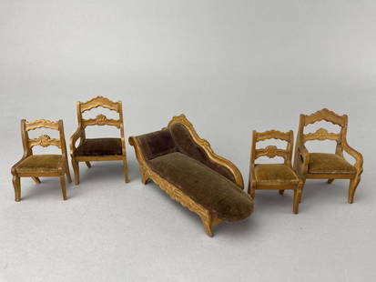 Schneegass Chaise & Biedermeier Chairs: In excellent condition, 2 small and 2 larger matching chairs along with the chaise which is 6" in length. 1880 - 1910/ 