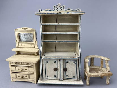 Biedermeier Furniture, 3 Pc.: Dish cupboard is 8 1/2" tall with 2 doors. An original note was found in cupboard written in German. Small dresser has 3 drawers and original mirror. 3 1/2 x 1 3/4 x 6" tall. Half round