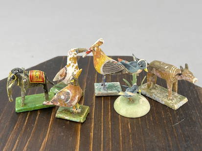 English Handmade Birds & Animals: Most are 1" tall. Cow, elephant, Robins and 3 other birds. Age unknown. Wood stand not used in photos not included. 