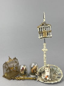 Bird Cages, Porcelain Cat And 2 Britain Birds