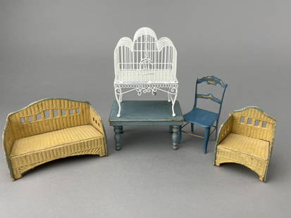 Gottschaulk Paper Rattan Furniture And More.: This is the small scale Gottschaulk Rattan furniture. Scaled to !/12". Couch is 4 x 1 3/4 x 3". Chair is 2 3/8 x 1 3/4 x 3". Metal kitchen chair is 3 5/8" tall. Could be Holdfast. Turquoise